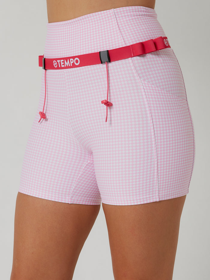 PACE Race Belt in Rose Pink, a slim TEMPO running belt that holds your race bib and gels