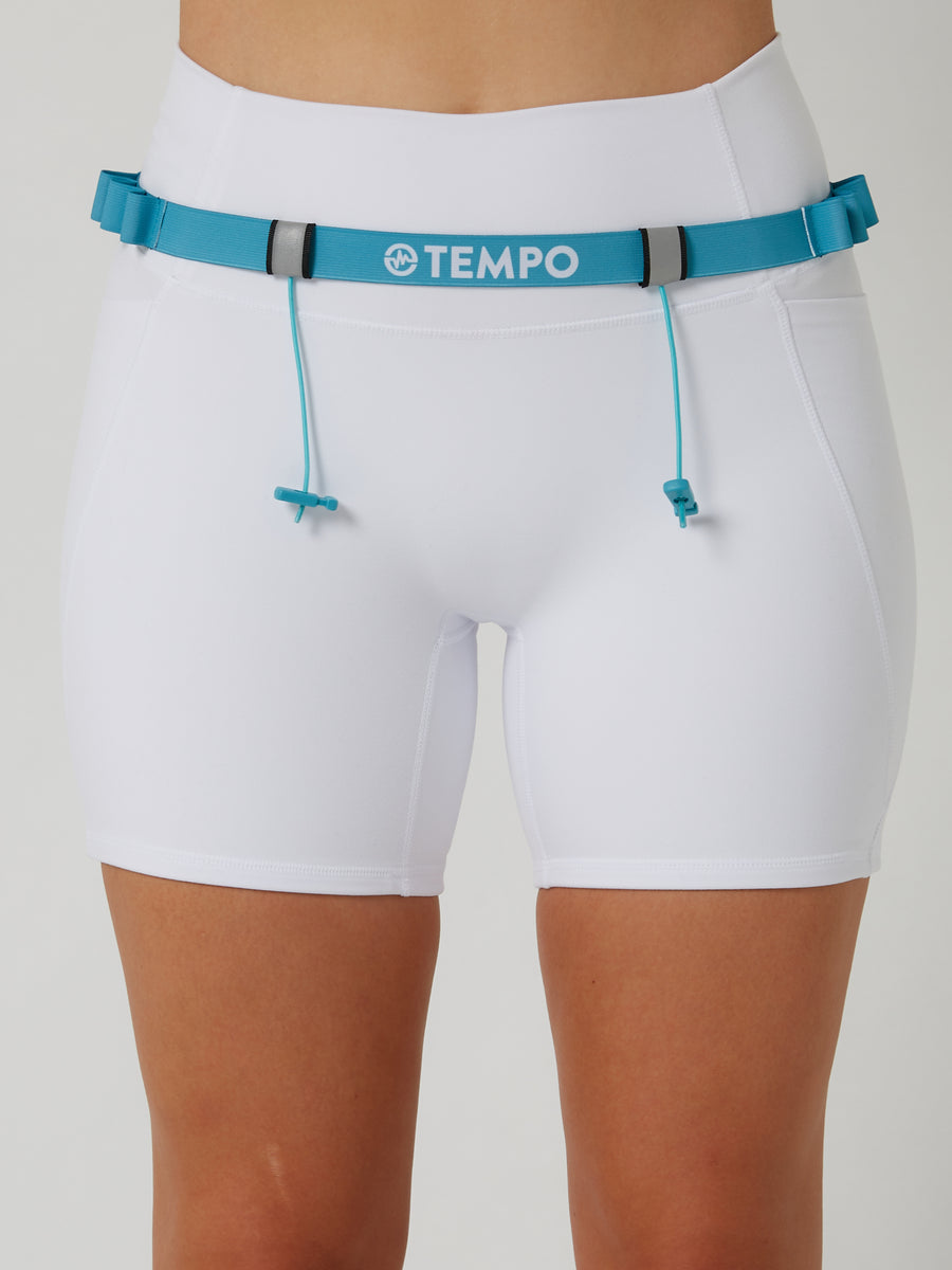 PACE Race Belt in Tide Blue, a slim TEMPO running belt that holds your race bib and gels